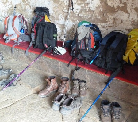 Guests Shoes, Bagpack and trekking poles in Jele Dzong